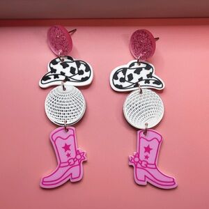 Bachelorette party Statement earrings disco cowgirl boots pink nashville western